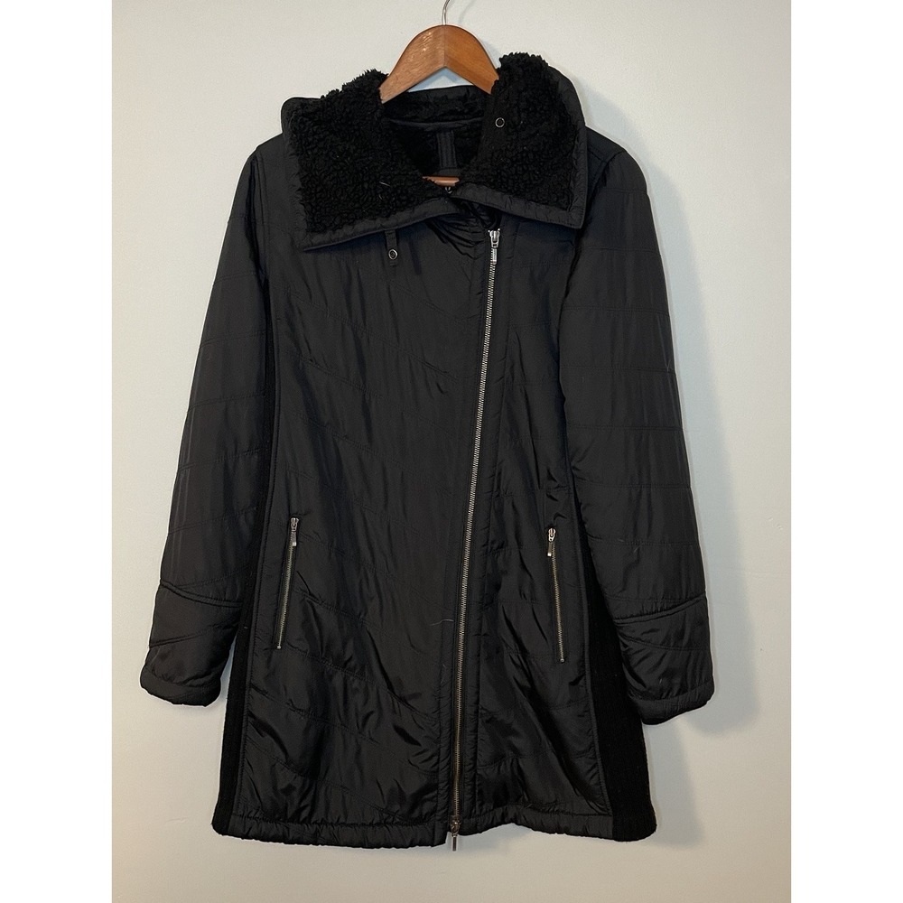PrAna Diva Quilted Sherpa Lined Long Jacket Size S Black Asymmetrical Zip